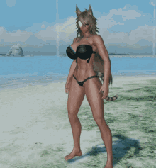 a woman in a bikini with a cat tail is running on the beach
