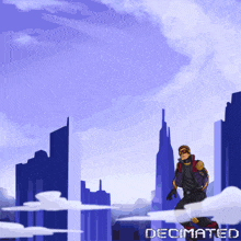 a cartoon of a man in a futuristic city with the words decimated below him