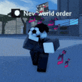 a person in a suit holding a soccer ball in front of a sign that says ' new world order '