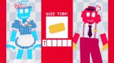 a cartoon drawing of a man and a woman standing next to each other with the words quiz time above them