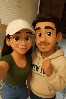 a man and woman are posing for a picture and the man is wearing a new york sweatshirt