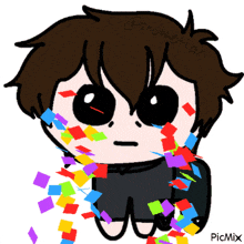 a drawing of a boy with confetti coming out of his mouth and the name picmix on the bottom