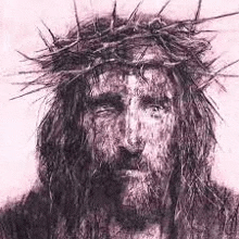 a drawing of jesus wearing a crown of thorns on his head .