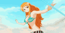 nami from one piece is smiling while holding a blue stick .
