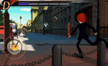 a cartoon character is running down a street with the letter d in the upper left corner