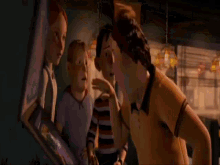 three cartoon characters are standing next to each other in a diner .