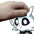 a person is petting a cartoon cat with a hat on its head .
