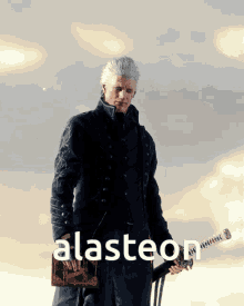 a man holding a book and a sword with the word alasteon written below him
