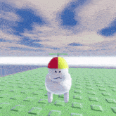 a white unicorn with a rainbow mane and tail is standing on a green tile floor