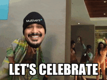 a man with a beard wearing a multiverse hat is dancing