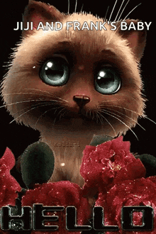 a cartoon cat is sitting next to a bunch of red flowers and says hello .