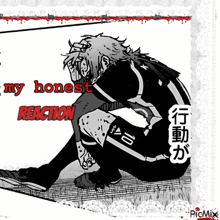 a black and white drawing of a soccer player with the words " my honest reaction " below him