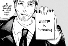 a man in a suit is holding a notepad that says windy is listening