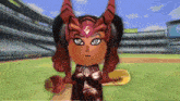 a video game character with horns and a diamond on her head stands on a baseball field