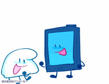 a cartoon drawing of a cell phone and a cartoon character