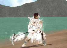 a man in a white armor is holding a spear in front of a body of water