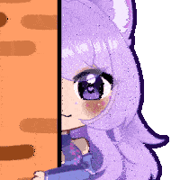 a girl with purple hair and a cat ear is peeking behind a wall
