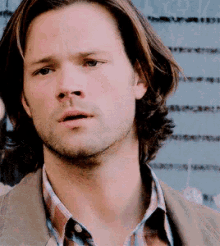 a man with long hair and a beard is wearing a plaid shirt and jacket