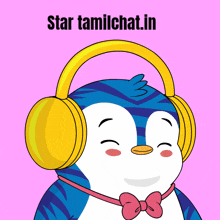 a cartoon penguin wearing headphones and a bow tie