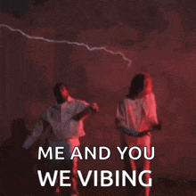 a man and a woman are dancing with the words " me and you we vibing " on the bottom