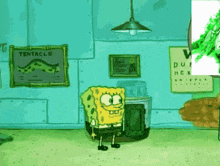 a cartoon of spongebob in a room with a tentacle poster on the wall