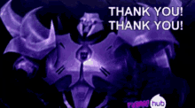 a purple robot says thank you and has horns