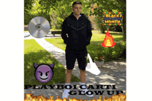 a poster for playboi carti glow up shows a man in a black jacket and shorts