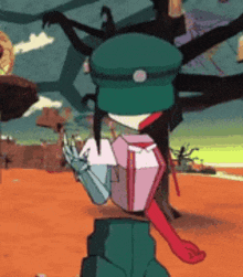 a cartoon character with a green hat and red gloves is standing in a desert .