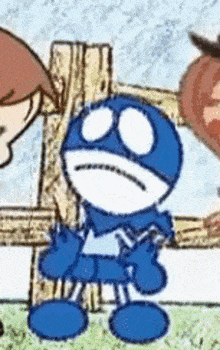 a blue and white cartoon character with a sad face