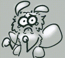 a black and white drawing of a rabbit with big eyes and a speech bubble