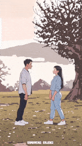 a drawing of a man and a woman standing next to each other with staireaq studio written on the bottom