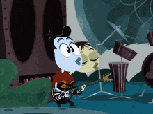 a cartoon of a man playing a guitar with the letter r on it