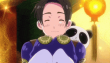a cartoon character is smiling with a panda bear in the background