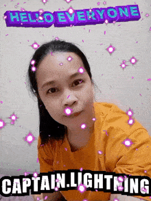 a woman in an orange shirt is surrounded by purple lights and the words hello everyone captain lightning