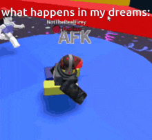 a video game character is dancing in front of a sign that says ' what happens in my dreams '