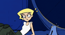 a cartoon drawing of a girl sitting next to a blue monster