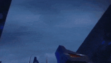 a painting of a giant robot flying through a cloudy sky
