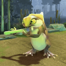 a frog is holding a green object in its mouth in a video game