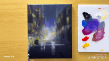 a painting of a city at night is being painted by joony art