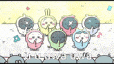 a group of cartoon characters are standing next to each other with the words u-u-uwa-uwa written on the bottom