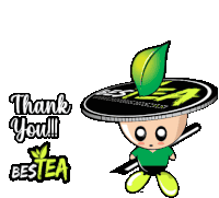 a cartoon character is holding a sign that says thank you bestea