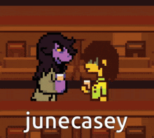 a pixel art of a cartoon character with the name junecasey