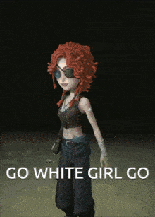 a cartoon girl with red hair is standing in a dark room and says go white girl go