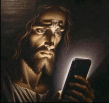 a painting of jesus looking at a cellphone