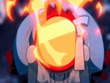 a cartoon character is holding a red object that is on fire