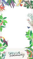 a summer hideaway poster with tropical leaves and birds