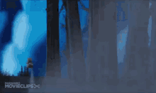 a ghost is walking through a dark forest in a movie clip .