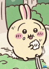 a cartoon rabbit is standing in the grass with a fork in its mouth and making a funny face .