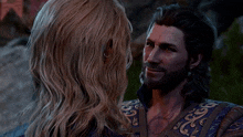 a man and a woman are looking at each other