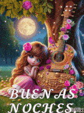 a painting of a girl sitting next to a guitar with the words buenas noches in the bottom right corner